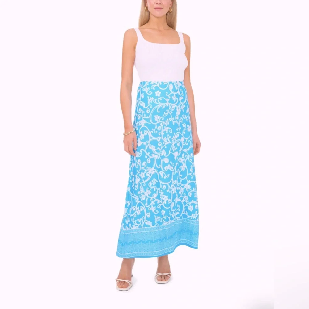 Vince Camuto Blue & White Floral Print Elastic Waist Unlined Pull-on Maxi Skirt